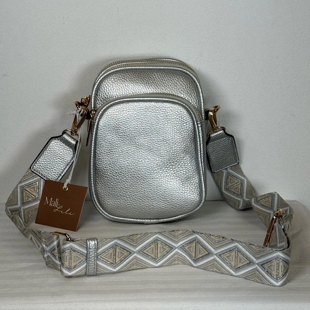 NEW Mali + Lili ‘Josephine’ Silver Vegan Leather Crossbody Bag Goldtone Hardware